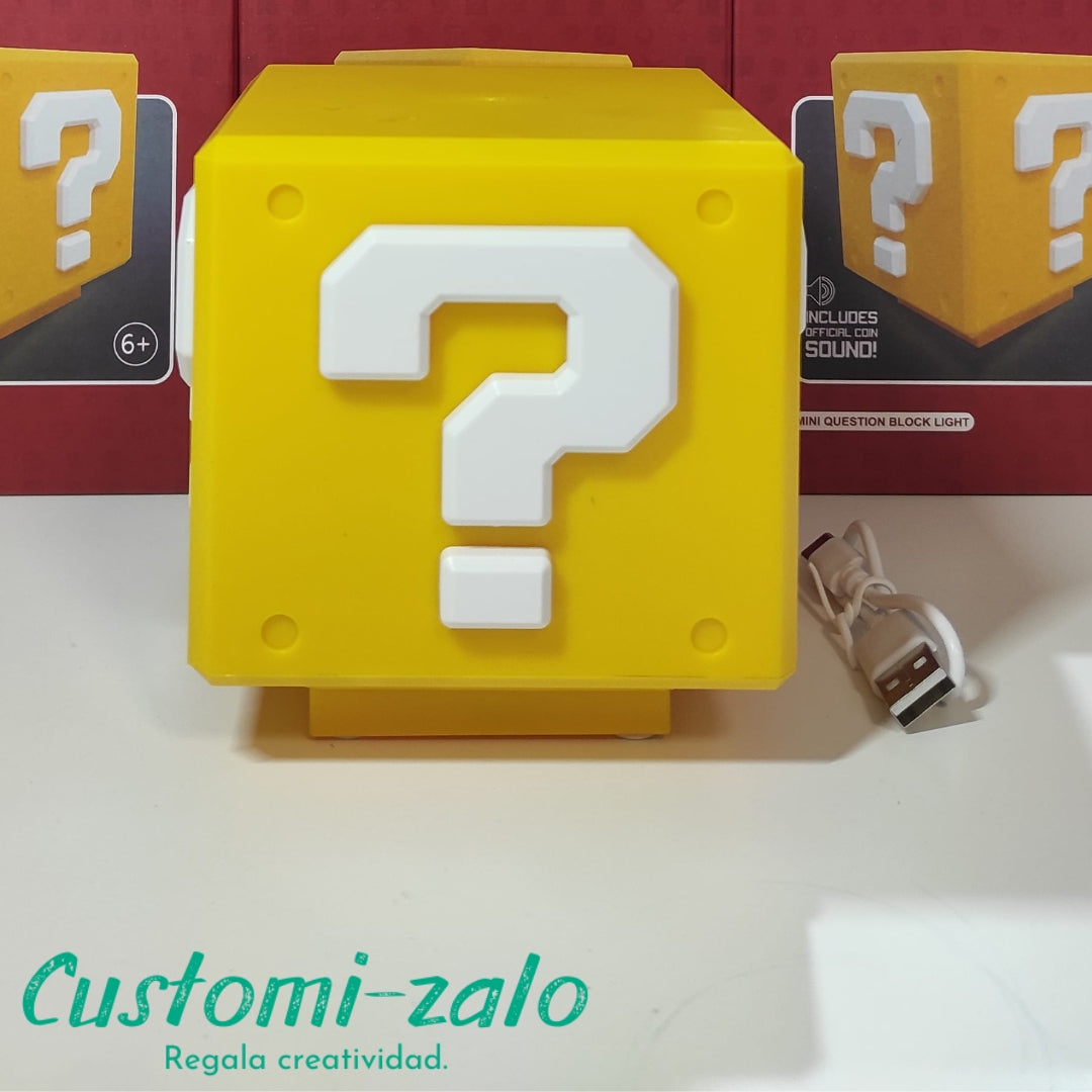 lampara mario bros mesita noche niños amarillo cubo interrogante