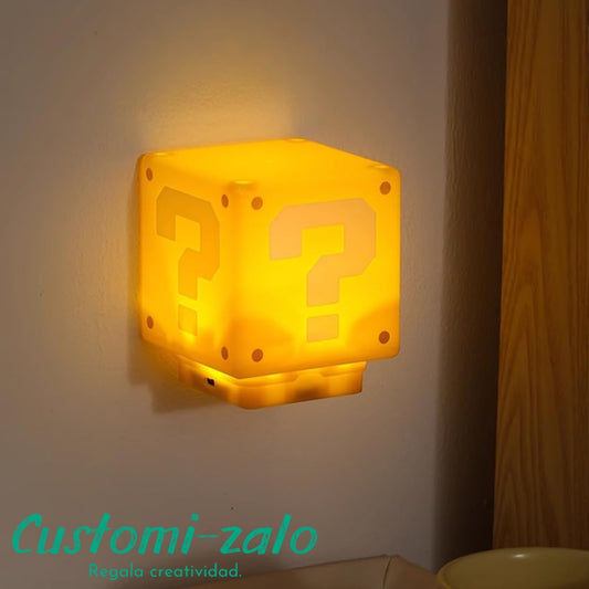 lampara mario bros mesita noche niños amarillo cubo interrogante